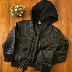 Black Faux Hooded Leather Jacket | Boy XS (4/5) |Bomber Style | Shaun White Kids